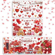3-Pc Valentine's Kitchen Rug Set: Love Heart, Red, Non-Slip, Waterproof – Compatible with Home, Bar, Office, Bathroom & Party Decor