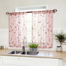 Blush Pink Sheer Kitchen Curtains 30 X 36 Inch Length 2 Panels Embroidered Leaf Pattern Short Bathroom Window Curtains for Small Window Valance Tiers