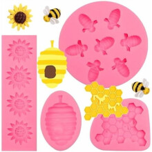 4-Pcs Bumble Bee Silicone Mold Set – Honeycomb, Sunflower, Beehive, Bee; compatible with fondant, chocolate, candy, resin crafting