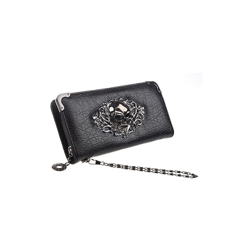 Women's Skull Zip-Around Leather Clutch Wallet Black 9450273245843