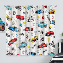 Kids Race Car Curtains 42"x63", Red & Blue Cartoon Car Flag Print, Rod Pocket, 2 Panels – Compatible with Standard Rods