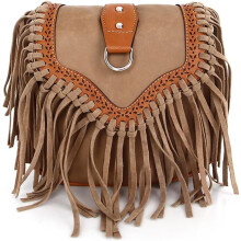 Torebka typu hobo w stylu boho z frędzlami i zamszem