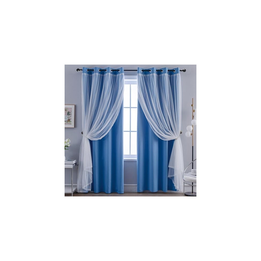 Home Curtains Blackout and Sheer Layered Solid Window Curtain Panel Pair with Grommet Top, 52Wx95L, Blue