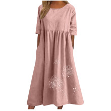 Spara pengar på sommarklänningar! Klänningar för kvinnor Plusstorlekar Vår Rund hals Tryck Bomull Linne Casual Kortärmad Klänning Rosa 3XL