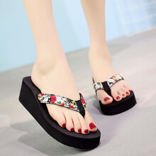 Womens Sandals Clearance Women'S Summer Floral Flip-Flops Wedge Heel Platform Flip Flops Beach Shoes White 6.5-7(37)