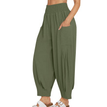 Damen-Cargohose mit hohem Bund, lockerem Schnitt und weitem Bein, Baumwoll-Leinen-Mischgewebe, elastischem Bund, vorgewaschen, mit Taschen, Größen