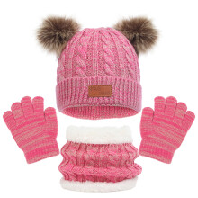 Toddler Winter Beanie, Neck Warmer & Gloves Set – Thick Knit Pom-Pom Cap + Scarf + Gloves, Hot Pink, One Size, Compatible with Kids