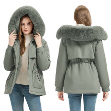 Dame Puffy Quiltet Parka med Hætte i Kunstpels, Lynlås og Lommer – Grøn, XXXL, Kompatibel med Koldt Vejr
