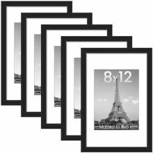 8x12 Picture Frame Set of 5, Display Pictures 6x8 with Mat or 8 x 12 Without, Wall Gallery Photo Frames, Black