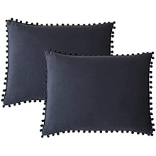 Lot de 2 housses de coussin bleu marine Ă pompons