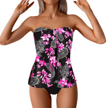 Tankini badpakken voor dames, strapless, gewatteerd, push-up, trendy, bloemenprint, afslankende bikini, bandeau, tweedelig badpak