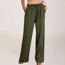HERESOM Damen Plus Size Baumwoll-Leinen-Hose mit weitem Bein, lässige, lockere Passform, elastischer hoher Bund mit Kordelzug, Palazzo-Hose,
