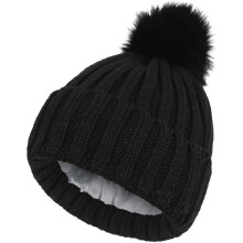 Dames wintermuts, warme zijde satijn gevoerde muts met omslag en kabelgebreide rand, inclusief afneembare pompon, zwarte skimuts.