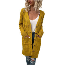 Strickcardigan für Damen, Herbst und Winter, vorne offen, mit Knopfleiste, Freizeitpullover, einfarbig, Basic-Cardigan mit Tasche, Gelb