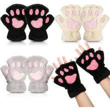 Womens Cat Paw Gloves Winter Plush Faux Fur Cute Halloween Kitten Fingerless Mittens
