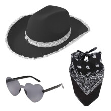 Cowgirl Costume for Women, Bling Cowboy Hat with Heart Glasses Bandana, Carnival Dress up Supplies, 3 PCS Cowgirl Pack for Parties