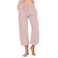 Calças Capri de Algodão e Linho para Mulheres, Casuais para o Verão, com Cordão na Cintura Alta e Pernas Largas, Estilo Cropped.