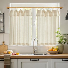 Linen Tier Curtains with Valance, 36" Farmhouse Cafe Curtains for Kitchen/Bathroom, Light Filtering, Rustic Short Drapes, 2 Panels, Beige –