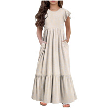 Sommerkjole med korte ermer for 6-13 år, rund hals, moteriktig trykk, lommekjole for komfortabel hverdagsbruk (beige, 10-11 år)