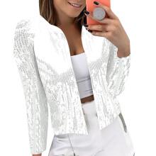 Jaquetas de lantejoulas femininas, blazer brilhante de manga comprida com glitter, cardigã curto aberto na frente.