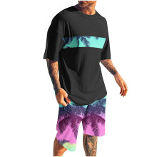 Conjunto de shorts masculino, 2 peças, gola redonda, estampa, esportivo, slim, cintura elástica, blusa de manga curta com gola redonda.