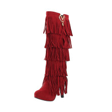 Cizme pufoase pentru femei, pantofi retro, culoare solidă, stil etnic, piele întoarsă, franjuri, decorațiuni metalice, talie înaltă pentru