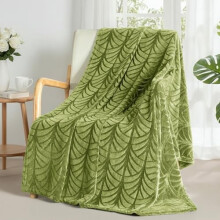 Flannel Fleece Throw Blanket 50x60", Soft Velvet Sofa Blanket with Vintage Pattern, Warm & Lightweight, Olive Green
