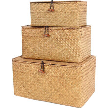 3-Pack Natural Rattan Storage Boxes with Lids, Wicker Bins for Bathroom, Living Room, Kitchen (10"+11"+12.6")
