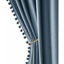 Tende oscuranti in velluto blu con pon pon, 52x84 pollici