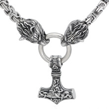 Colier cu pandantiv din oțel inoxidabil cu cap de lup și ciocanul lui Thor - King Chain