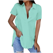 VERUGU Dames Tops Korte Mouwen Revers Knopen Shirts Zomer Trendy Effen Chique T-shirts Losse Casual Comfortabele Tuniek Blouses voor Leggings Blauw M