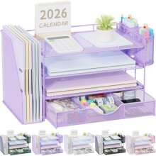 Bureau-organizer met 4 lagen, inclusief dossierhouder, lade en 2 pennenhouders – Paarse kantoororganizer