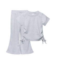 Completo casual da bambina con scollo rotondo, tinta unita, coulisse, composto da top a maniche corte e pantaloni a zampa d'elefante, taglia 12