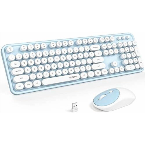Wireless Keyboard & Mouse Combo, Full Size 2.4G Plug & Play Retro Round Set for Windows PC/Notebook – Light Blue