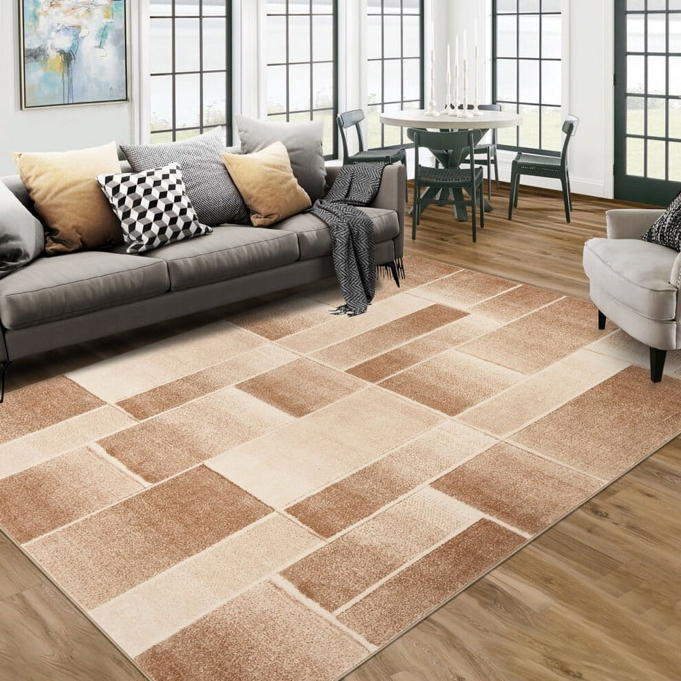 Modern Geometric Patchwork Area Rug 5x7 Large Rugs for Living Room, Soft Throw Carpet Floor Decor for Entryway Dining Room Office Nursery Khaki