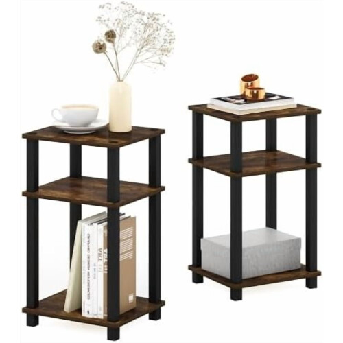 JUST 2-Piece Side Table Set, 3-Tier Open Shelf, Toolless Assembly, Compatible with Amber Pine