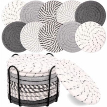10 Round Cotton Coasters with Black Metal Holder