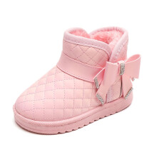 Botas de nieve para niños con decoración de lazo, cálidas, impermeables, antideslizantes, para niños pequeños, con forro polar, cortas, para