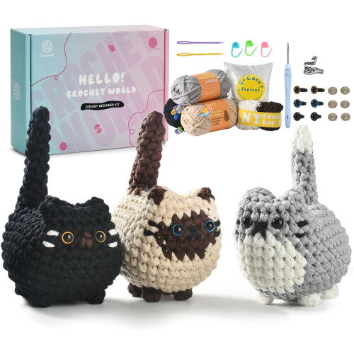 Σετ πλεξίματος για αρχάριους – Σετ Amigurumi για γάτες, Εύκολη κατασκευή πλεξίματος