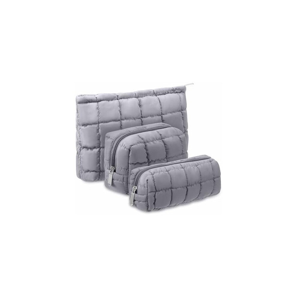 3pcs Puffy Quilted Makeup Bag Set â Cute Checkered Travel Toiletry Pouch, Puffer Organizer Purse with Zipper