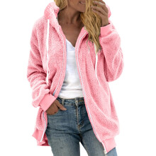 Plus size dame vinterfrakke i fleece, sweatshirt med lynlås og hætte, let top i kunstpels – pink, 5XL