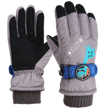 Cute Cartoon Kids Snow Gloves, Warm Insulated & Waterproof, Adjustable Wrist, for Ages 6-10 (Gray, One Size)