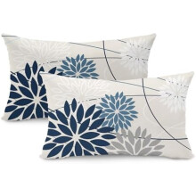Blue & Gray Floral Pillow Covers 12x20, Set of 2, Outdoor Waterproof, Polyester, Compatible with Standard Cushions