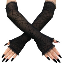 Women's Spider Web Lace Fingerless Glove Glitter Black Fingerless Gloves for Halloween Cosplay Costume Accessories