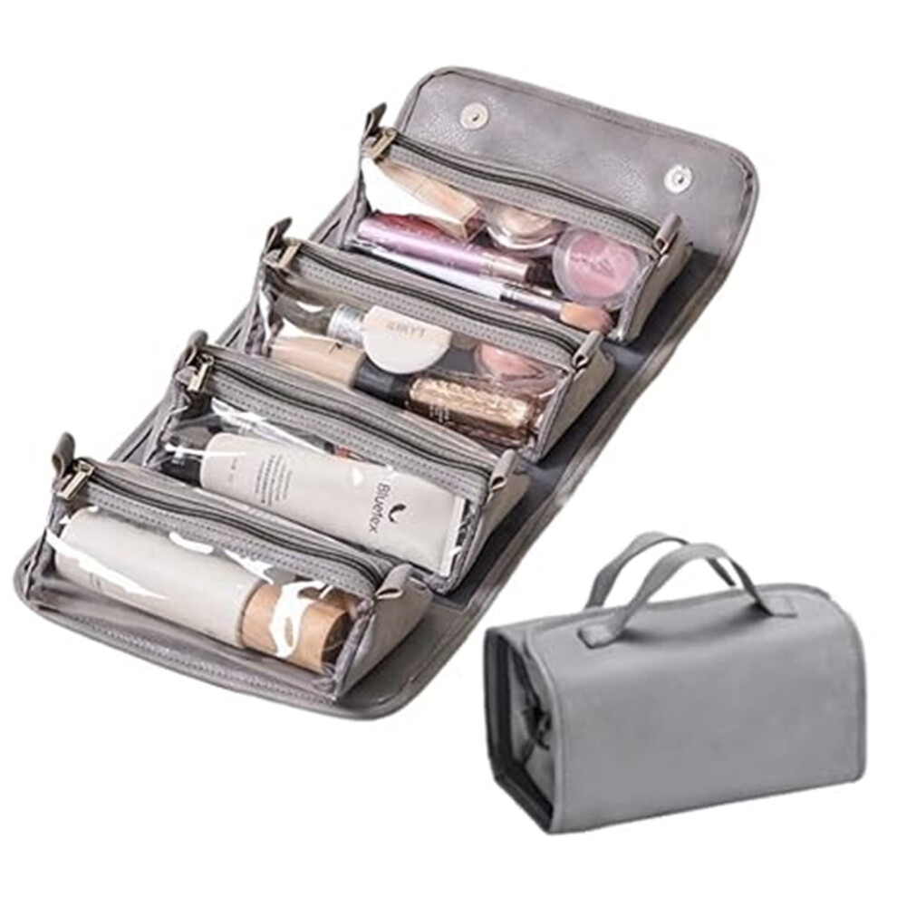 4-in-1 Roll-Up Leather Toiletry Bag with 4 Detachable Clear Compartments, Hanging & Foldable â Compatible with Travel