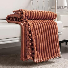 Fleece Blanket Twin 60x80 in Caramel with Pompom Trim