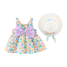 Abito estivo da spiaggia per bambina con cappello da sole, vestito con bretelle, stampa floreale e fiocco, completo con cappello viola