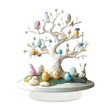 Decorazione a forma di uovo di Pasqua in acrilico per esposizione su tavolo.
