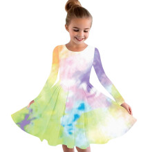 Kids Girls Fall Long Sleeve Tie-dye Dress Party Swing A Line Dress Casual Strechy Crewneck Flowy Dress Twirly School Recital Dress Green
