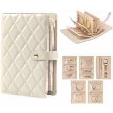 Elegant Portable Checkered Jewelry Storage Bag with Clear Zipper Pouches, Travel Ring Binder Case for Necklaces & Earrings, Velvet Organizer (Beige)